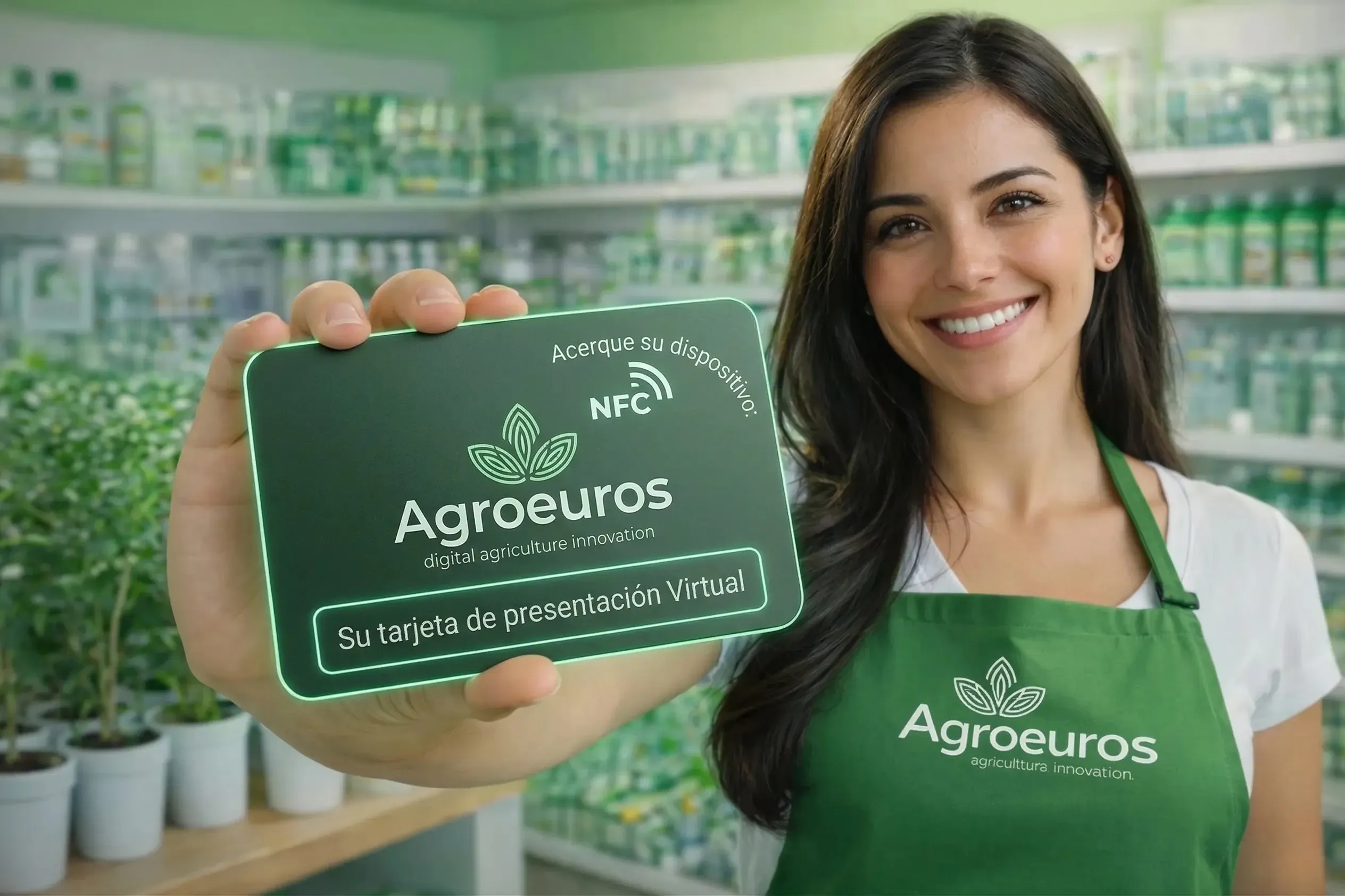 Mujer usando tarjeta inteligente NFC de presentación digital