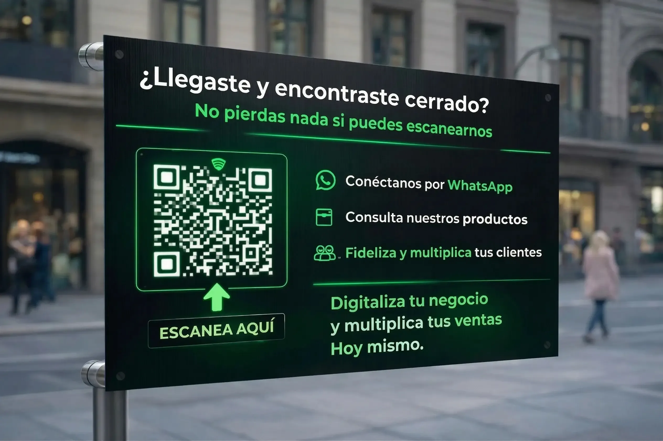 Aviso exterior con código QR para atraer clientes al local